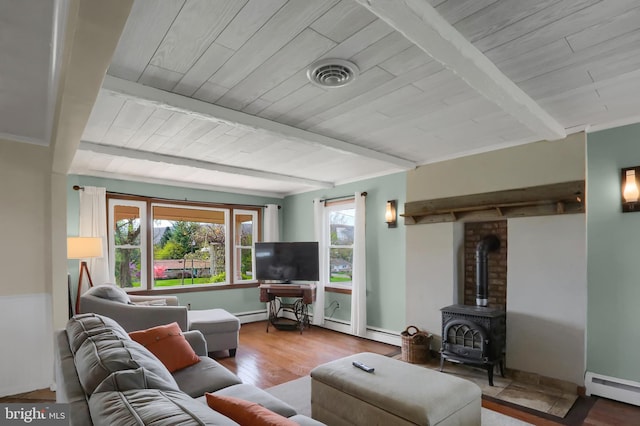 living area featuring a baseboard radiator, a wood stove, beamed ceiling, baseboards, and visible vents