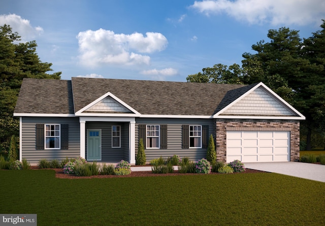 ranch-style house with a garage, driveway, a front yard, and roof with shingles