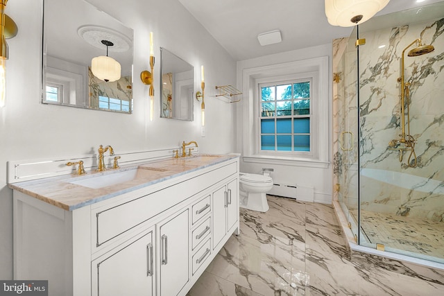 full bath featuring a marble finish shower, marble finish flooring, toilet, a baseboard radiator, and double vanity