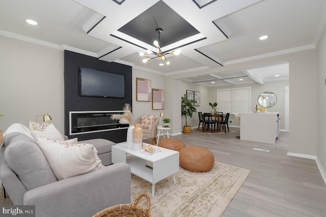 living room featuring recessed lighting, coffered ceiling, baseboards, a chandelier, and light wood-style flooring