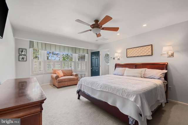 129 Kirwans Landing Ln, Chester, MD 21619 - bedroom with light colored carpet, recessed lighting, baseboards, and ceiling fan