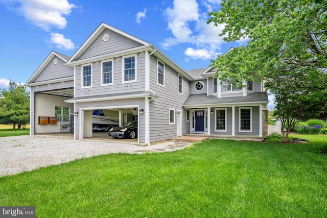 129 Kirwans Landing Ln, Chester, MD 21619 - view of front of property with gravel driveway, a front yard, covered porch, roof with shingles, and a garage