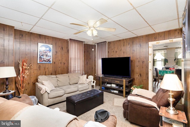 804 W King St, York, PA 17403 - living room with a ceiling fan, a drop ceiling, and wood walls