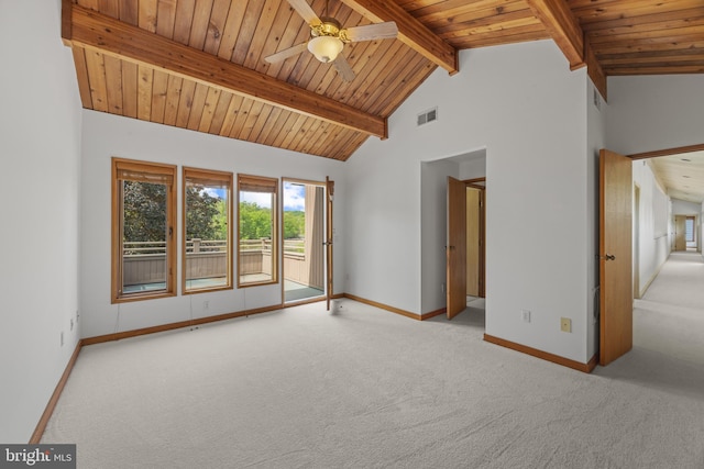 carpeted spare room with beamed ceiling, visible vents, wooden ceiling, baseboards, and a ceiling fan