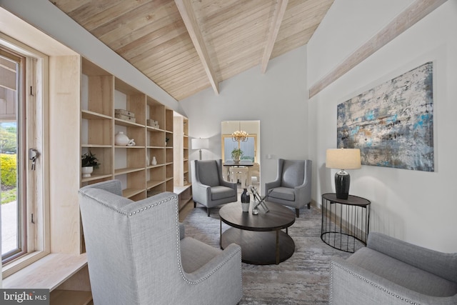 living area with lofted ceiling with beams, a notable chandelier, wood finished floors, and wood ceiling