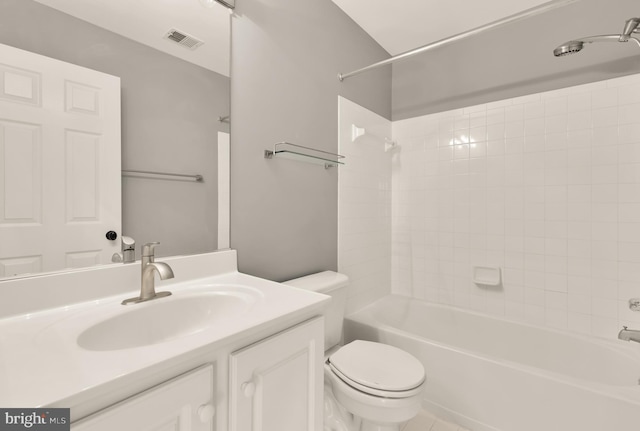 full bath featuring shower / bathing tub combination, visible vents, vanity, and toilet