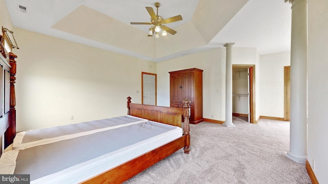 28342 Discount Land Rd, Laurel, DE 19956 - bedroom featuring decorative columns, carpet, baseboards, visible vents, and a ceiling fan