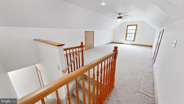 28342 Discount Land Rd, Laurel, DE 19956 - hall featuring recessed lighting, carpet floors, an upstairs landing, baseboards, and lofted ceiling