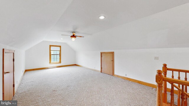 28342 Discount Land Rd, Laurel, DE 19956 - bonus room featuring ceiling fan, light carpet, lofted ceiling, and baseboards