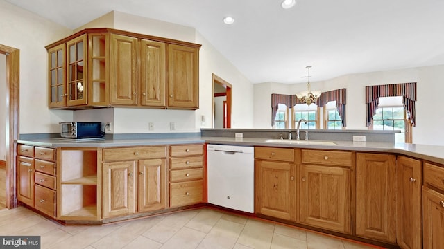 28342 Discount Land Rd, Laurel, DE 19956 - kitchen featuring a sink, a chandelier, glass insert cabinets, open shelves, and dishwasher