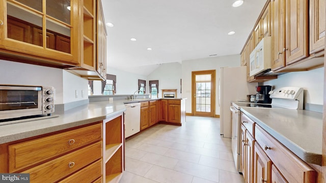28342 Discount Land Rd, Laurel, DE 19956 - kitchen featuring a toaster, white appliances, a peninsula, and open shelves