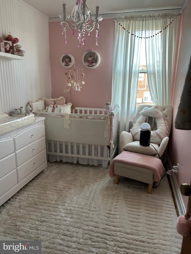 3015 Rawle St, Philadelphia, PA 19149 - carpeted bedroom featuring a chandelier and ornamental molding