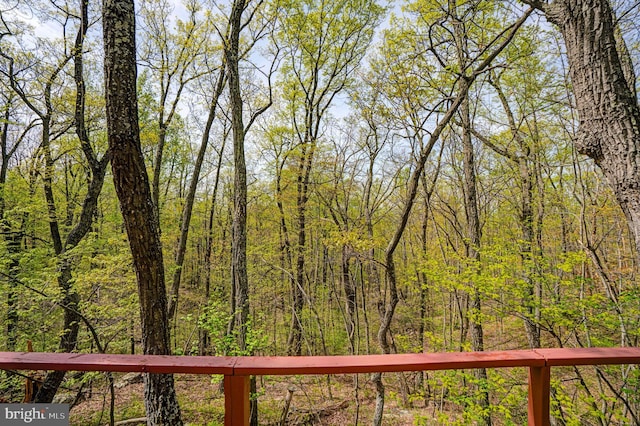 exterior space with a wooded view