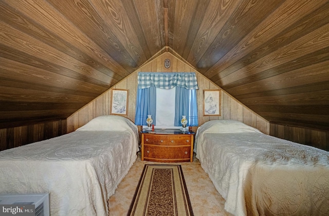 bedroom featuring carpet flooring, wood ceiling, wooden walls, and vaulted ceiling