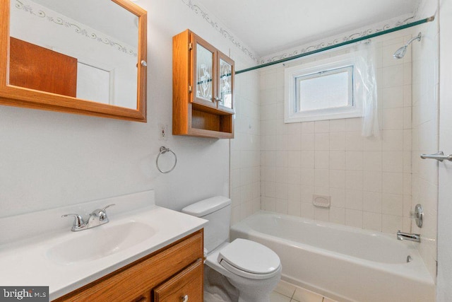 full bath featuring shower / bathtub combination, toilet, and vanity