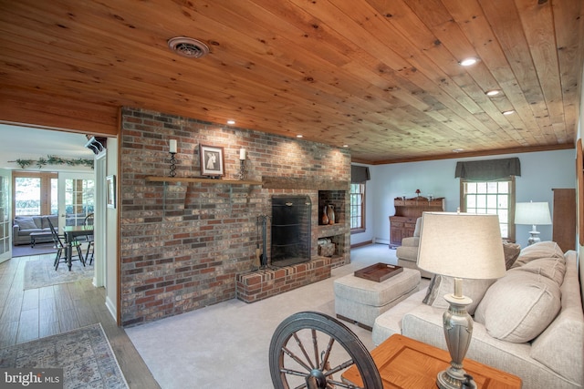 1701 Holicong Rd, New Hope, PA 18938 - living room featuring visible vents, wood finished floors, a fireplace, recessed lighting, and wood ceiling