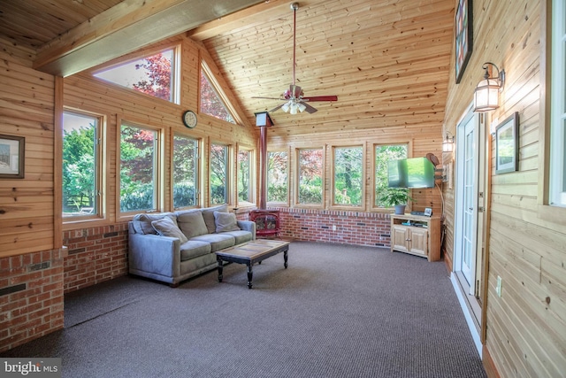 1701 Holicong Rd, New Hope, PA 18938 - sunroom with carpet flooring, beam ceiling, high vaulted ceiling, wood walls, and wood ceiling