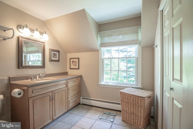 1701 Holicong Rd, New Hope, PA 18938 - bathroom with vanity, a baseboard radiator, and lofted ceiling