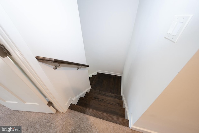 stairway with carpet floors and baseboards