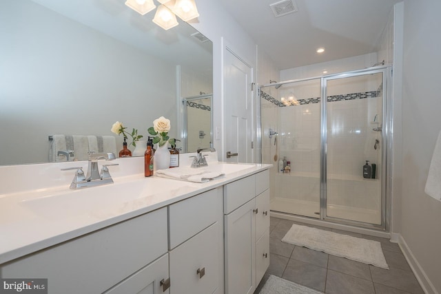 bathroom with tile patterned floors, visible vents, a shower stall, and a sink