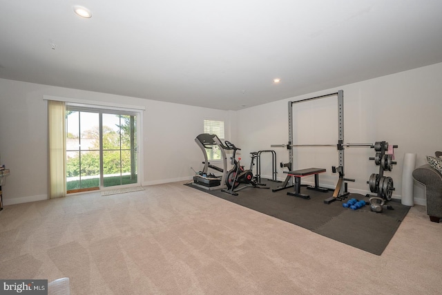 exercise area featuring plenty of natural light, carpet flooring, and baseboards