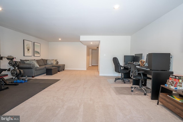 office featuring recessed lighting, baseboards, and carpet