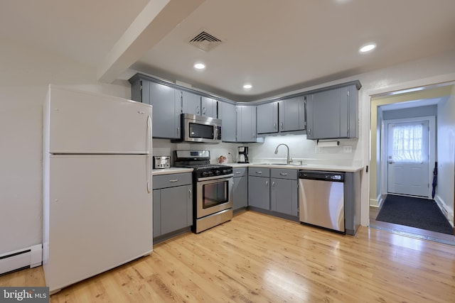 kitchen with a sink, stainless steel appliances, visible vents, light countertops, and a baseboard radiator