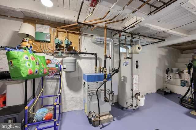 utility room with water heater and a heating unit
