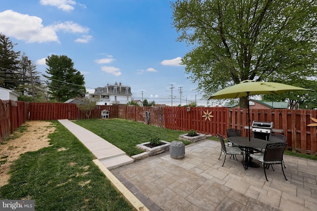 view of patio / terrace featuring area for grilling, outdoor dining area, and a fenced backyard