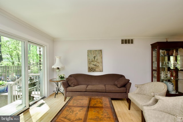 living area with visible vents, crown molding, and light wood-style floors