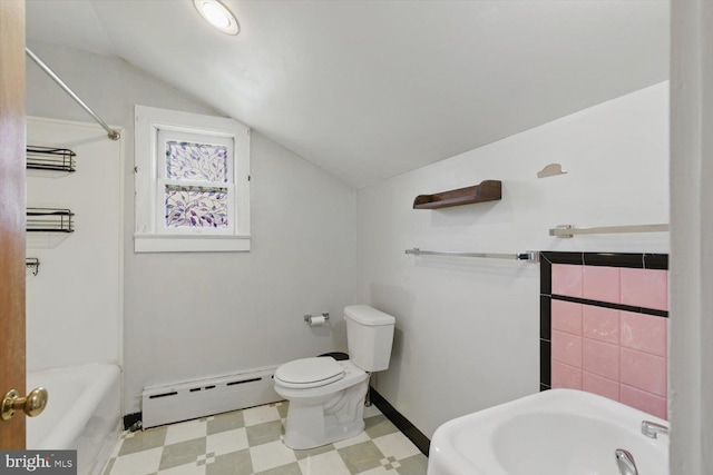 103 Pleasure Rd, Lancaster, PA 17601 - bathroom with a sink, tile patterned floors, a baseboard radiator, toilet, and lofted ceiling