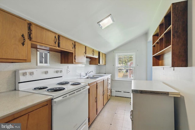 103 Pleasure Rd, Lancaster, PA 17601 - kitchen featuring baseboard heating, light countertops, white range with electric stovetop, a sink, and vaulted ceiling