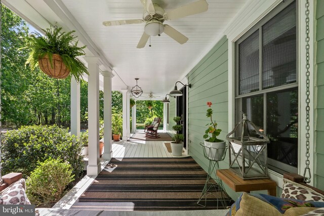 view of patio featuring a ceiling fan and covered porch