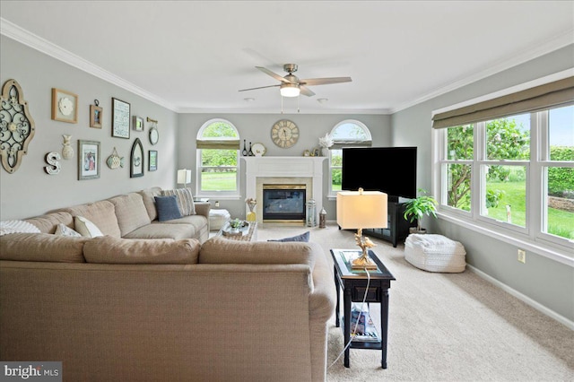 carpeted living room with a high end fireplace, a ceiling fan, ornamental molding, and baseboards