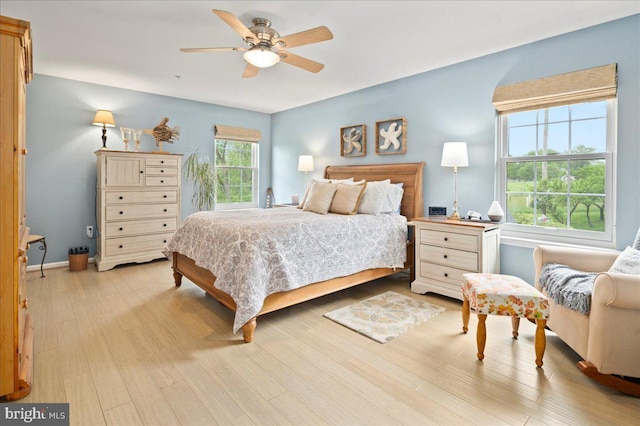 bedroom featuring light wood-style floors, ceiling fan, and baseboards