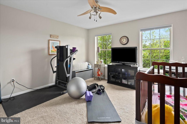 exercise area with a ceiling fan, carpet, and baseboards