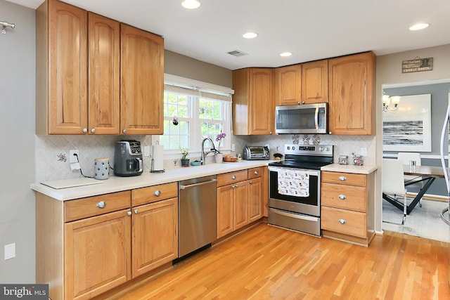 kitchen featuring recessed lighting, decorative backsplash, light wood finished floors, and appliances with stainless steel finishes