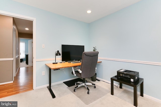carpeted home office featuring baseboards and recessed lighting