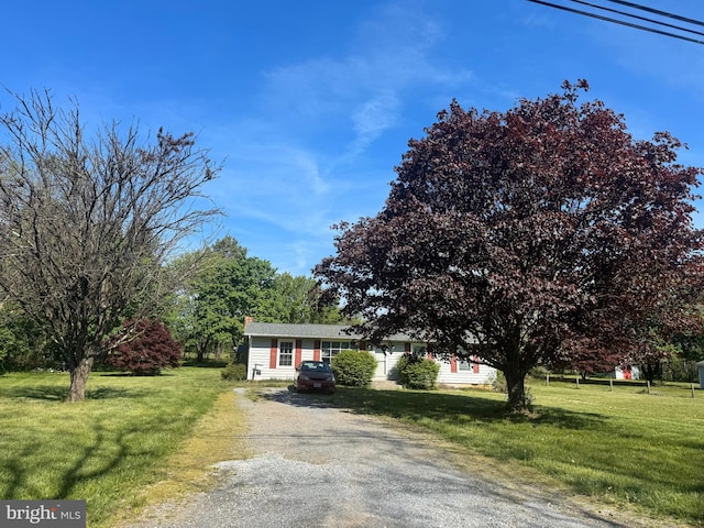 view of front of property with a chimney, a front lawn, and gravel driveway
