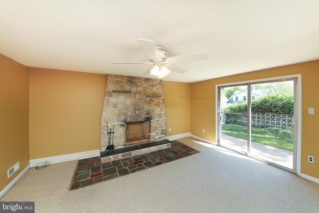 unfurnished living room with baseboards, ceiling fan, carpet, and visible vents