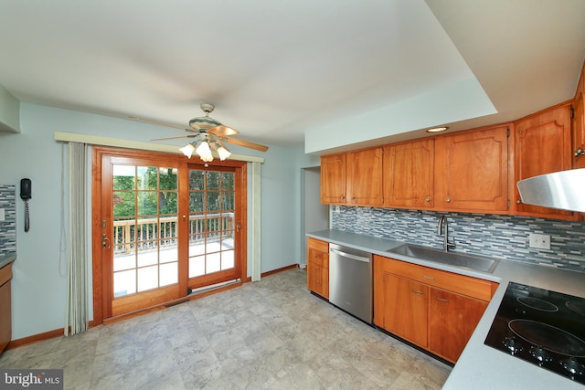 kitchen with a ceiling fan, dishwasher, a sink, baseboards, and black electric stovetop