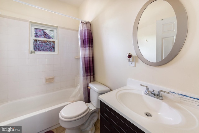 full bath with vanity, shower / bath combination with curtain, and toilet