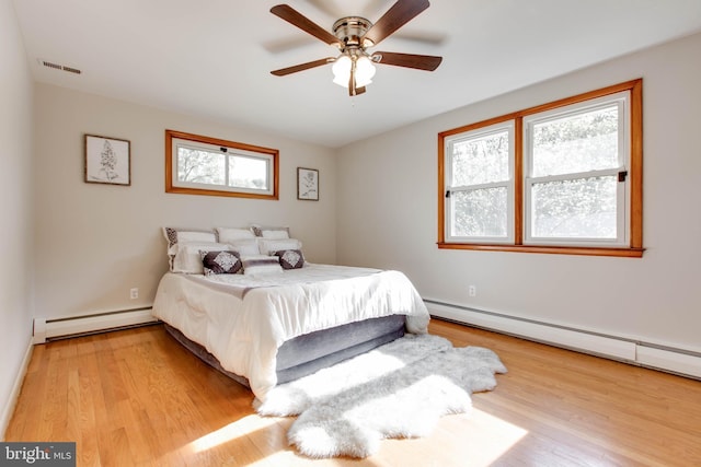 bedroom with a baseboard heating unit, visible vents, and light wood-type flooring