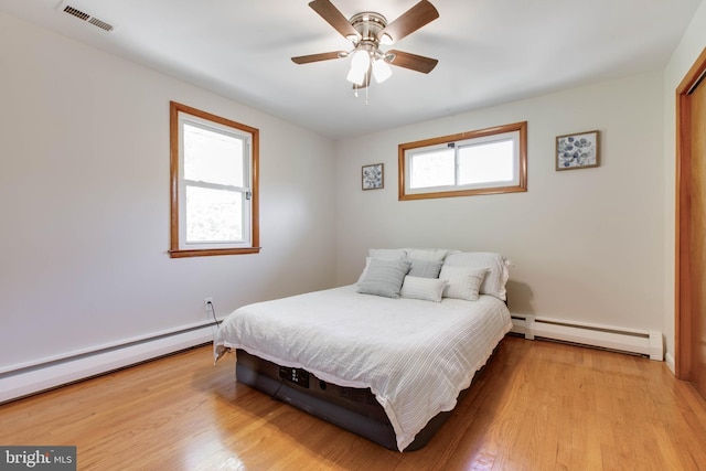 bedroom featuring light wood-style floors, visible vents, and a baseboard radiator