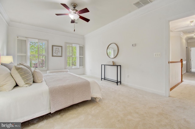 7820 Elsinore Dr, Manassas, VA 20112 - bedroom with a ceiling fan, visible vents, baseboards, ornamental molding, and carpet flooring