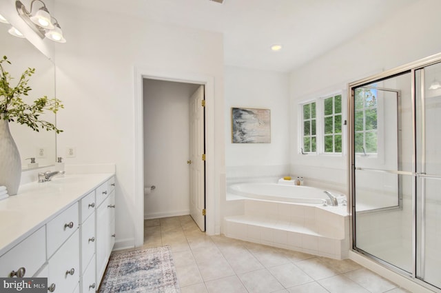 7820 Elsinore Dr, Manassas, VA 20112 - full bathroom with a bath, a stall shower, vanity, tile patterned floors, and recessed lighting