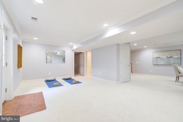 7820 Elsinore Dr, Manassas, VA 20112 - finished basement with visible vents, carpet floors, baseboards, ornamental molding, and recessed lighting