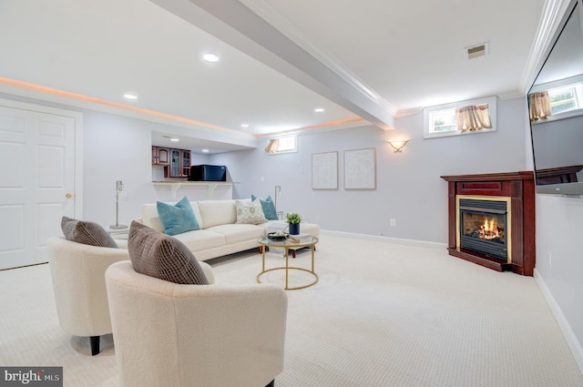7820 Elsinore Dr, Manassas, VA 20112 - living area with crown molding, recessed lighting, carpet, and a glass covered fireplace