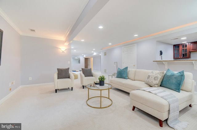 7820 Elsinore Dr, Manassas, VA 20112 - living area featuring visible vents, crown molding, light colored carpet, beamed ceiling, and recessed lighting