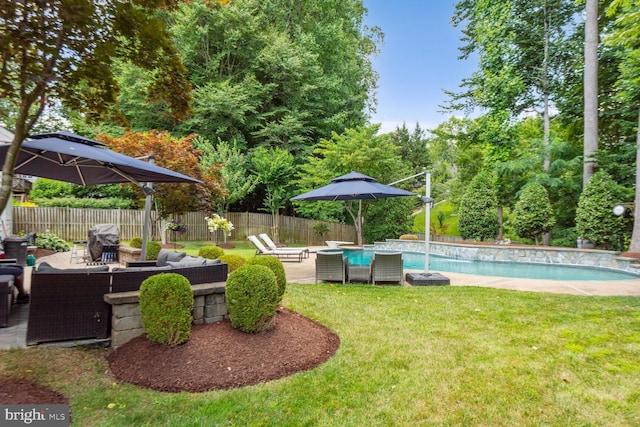 7820 Elsinore Dr, Manassas, VA 20112 - view of yard featuring fence, a fenced in pool, a patio, and an outdoor hangout area
